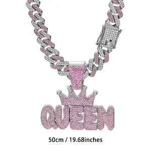Women Pink Rhinestone Crown QUEEN Letter Hanging Miami Cuban Link Chain Necklace Long Hip-hop Jewelry Punk Gold-Plated Stainless Steel Accessories