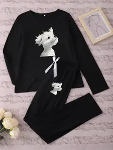 Women's Long Sleeve Pajama Set, Matching Pj Set, Cartoon Dog Print Sleepwear, Casual Fitted Nightwear for Spring & Fall, Comfortable Home Loungewear Pjs
