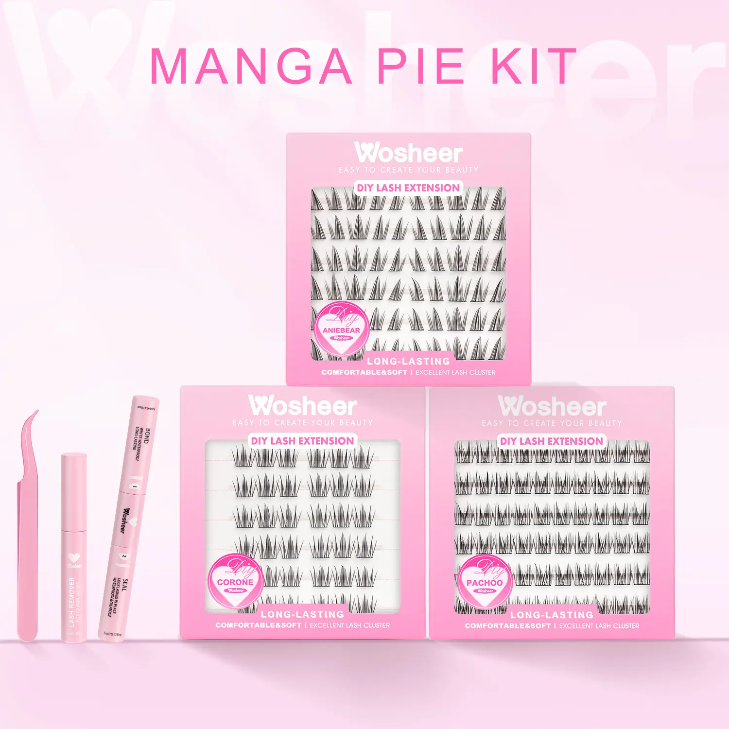 Wosheer Manga and Wet Look Wispy Lash Matte Kit Wildrose Kit US STOCKING Wide Ultra-thin Invisible Lash Band Beginner Friendly Waterproof Lash bond For Girls Makeup Eyelashes Cosmetic