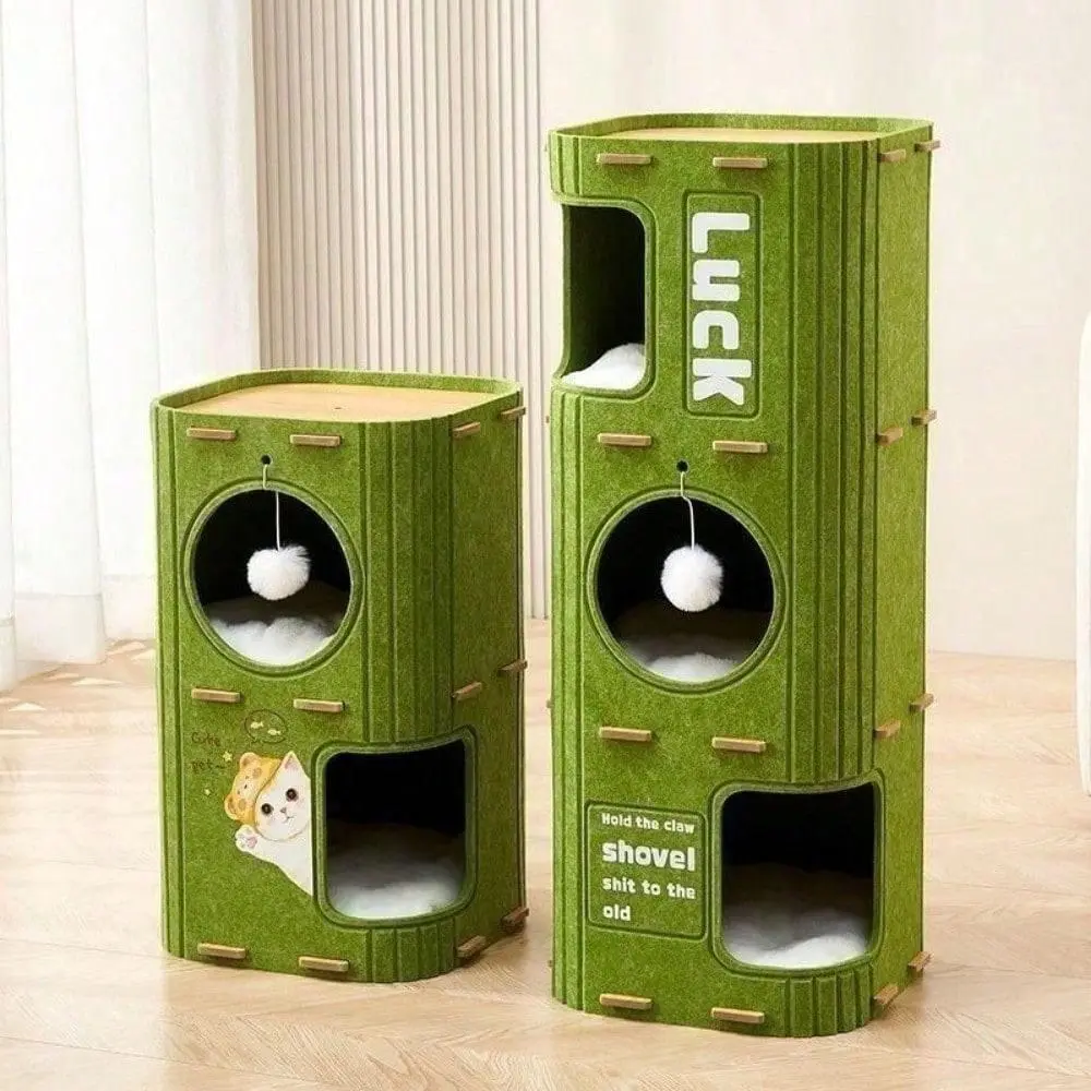 Multi-Level Felt Tree House for Indoor Cats, Vertical Scratcher Tower with Multiple Hideaway Nests, Interactive Hanging Ball Toy, Space-Saving Condo