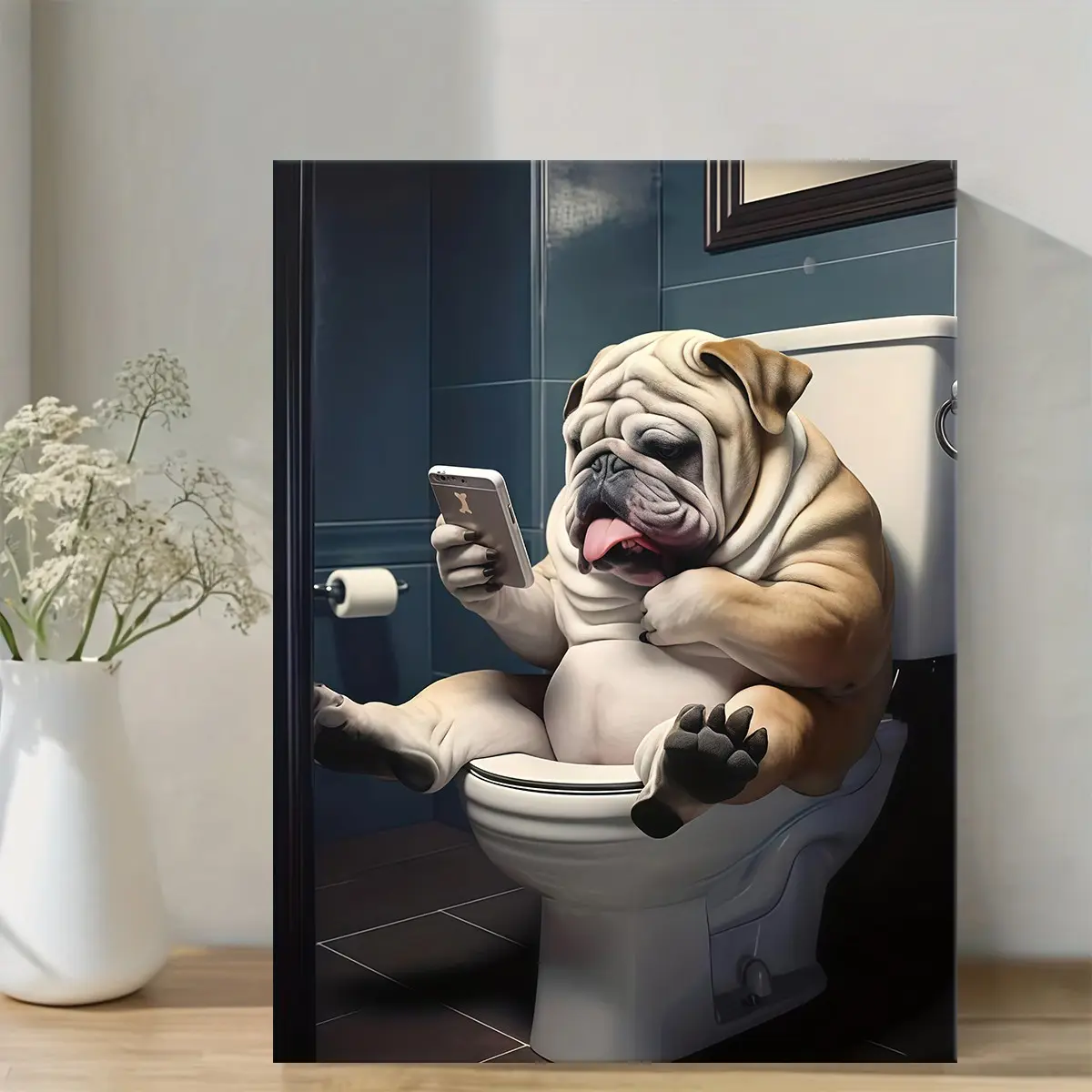 A Funny English Bulldog Sitting on the Toilet Looking at Phone Canvas Print, Wall Art Poster, Wooden Frame Creative Canvas Oil Painting Home Bedroom Kitchen Living Room Bathroom Decoration, Modern Home Decor, Quirky Artwork for Cafe Office Restroom