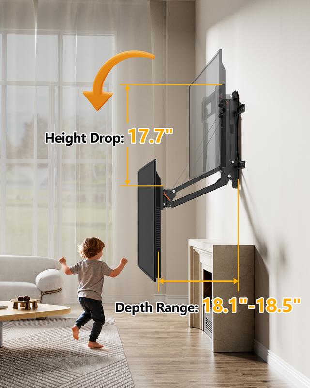 FORGING MOUNT Motorized Fireplace TV Wall Mount with Remote, Electric Full Motion TV Mount for 32″-85″ Flat/Curved TVs up to 88 lbs, Flip Pull Down TV Bracket for Flat Roof, Max VESA 600x400mm