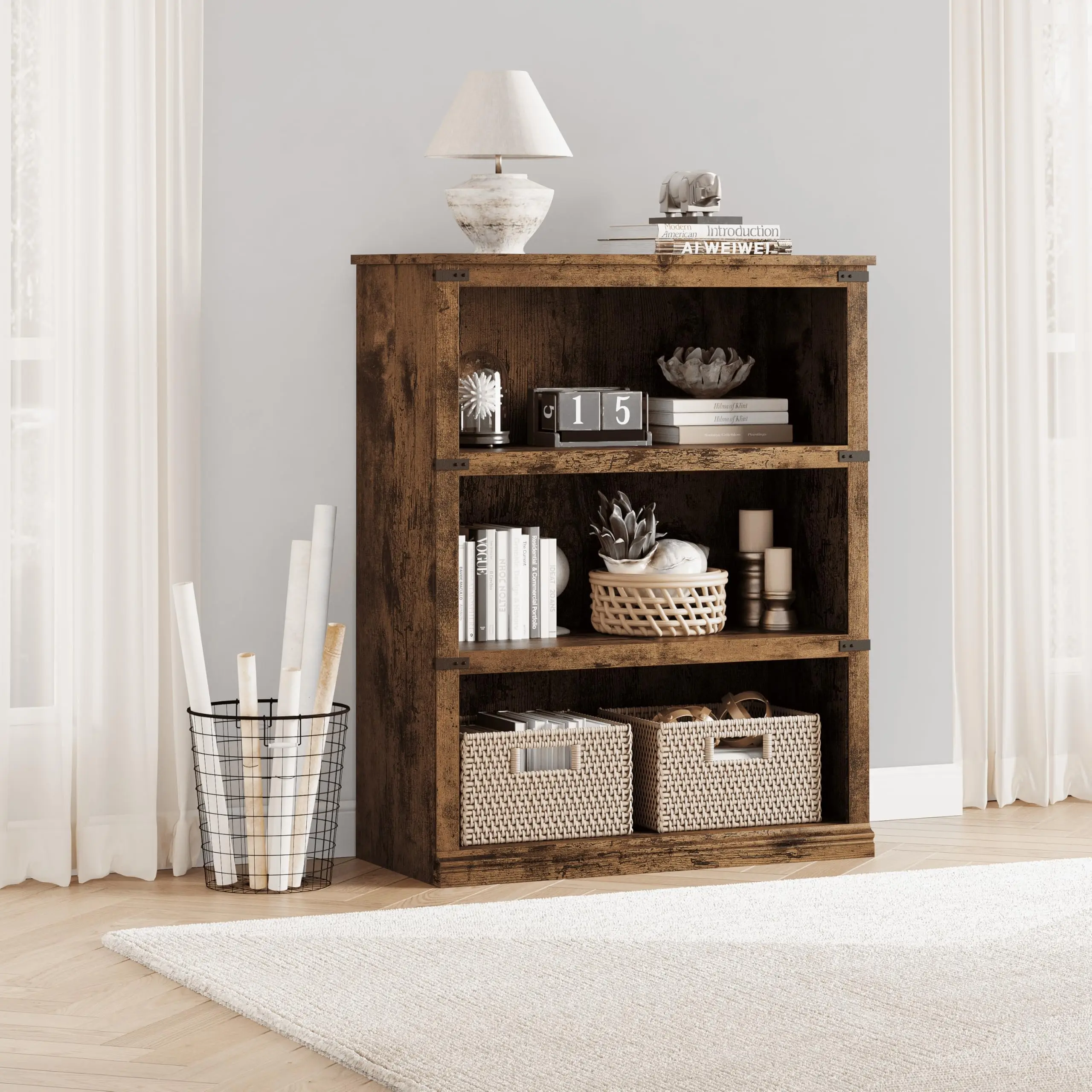 Garvee 3 Tier Rustic Brown Wooden Bookcase with 3 Shelves, Versatile Farmhouse Style Storage for Home Office, Living Room, and Bedroom, Dimensions 40" H x 31.5" W x 12.2" D