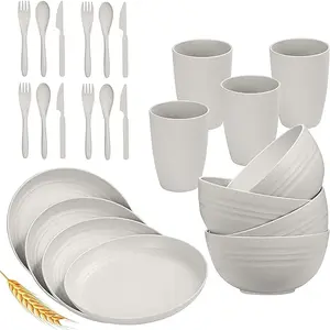 Wheat Straw Dinnerware Sets for 4 Lightweight & Unbreakable Dishes Microwave & Dishwasher Safe Perfect for Camping, Picnic, RV, Dorm Plates, Cups and Bowls (Beige, 24pc Set) Cutlery Tableware