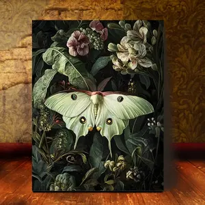 Vintage Moon Moth Plant Print - Dark Country Style Wall Art, Whimisgoth Aesthetics, Witch Academia Decor, Wooden Framed Canvas, Vibrant Floral and Moth Design, Artistic Decoration