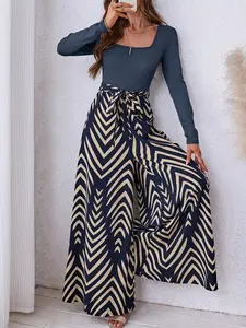 Women's Autumn Winter Ribbed Patchwork Geometric Print Boho Casual Vacation Loose Tie Front Jumpsuit with Belt, Fitted Style, Spring & Fall