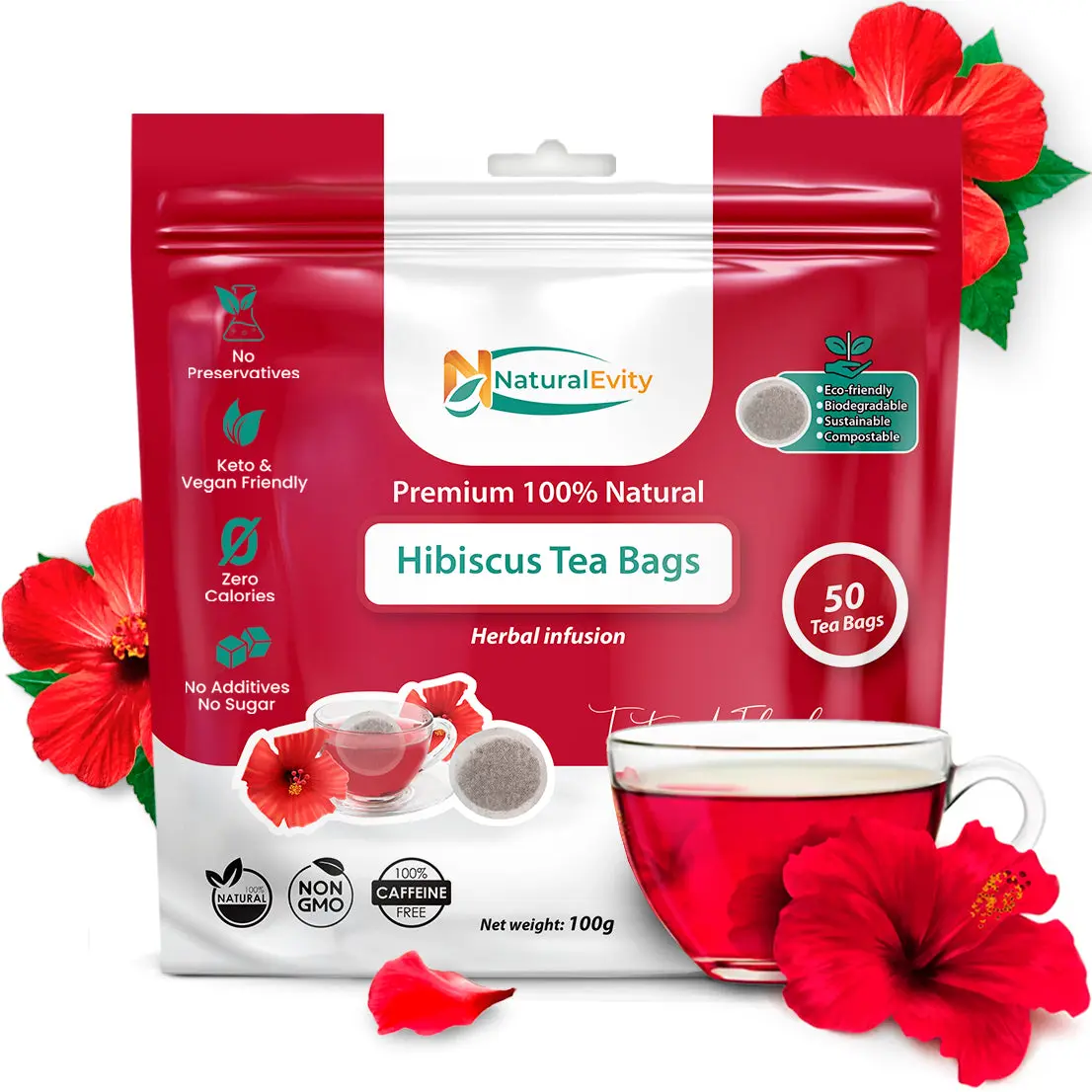 NaturalEvity Pure Hibiscus Herbal Tea Bags - Threadless, Antioxidant-Rich, Caffeine-Free, Non-GMO, Bold Tart Flavor, Ready-to-Mix Refill Pouch for Everyday Wellness Herbal Beverage
