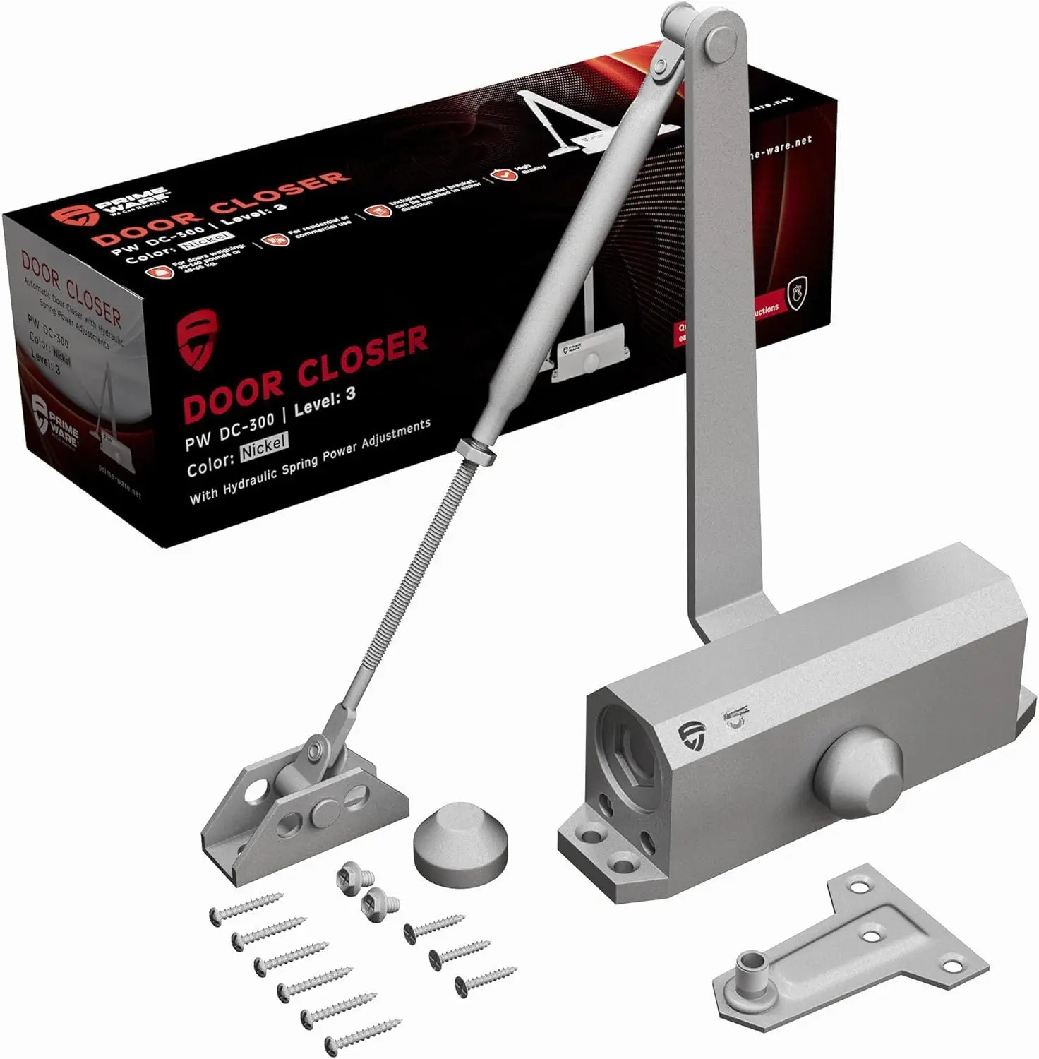 DC-300 Automatic Adjustable Door Closers for Home | Soft Close, No Slam | Residential and Commercial Door Closer | Level 3 | for Doors Weighing 90-140 lbs | Hydraulic Door Spring - Nickel