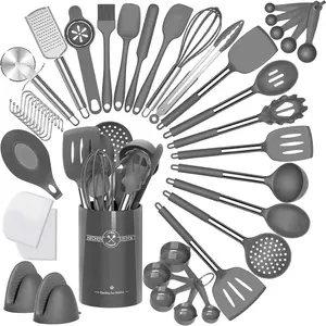 Umite Chef Silicone Kitchen Cooking Utensil Set, 43 Pcs Silicone Spatula with Stainless Steel Handle, Non-Stick Heat Resistant - Best Cookware (Grey) Umite Chef