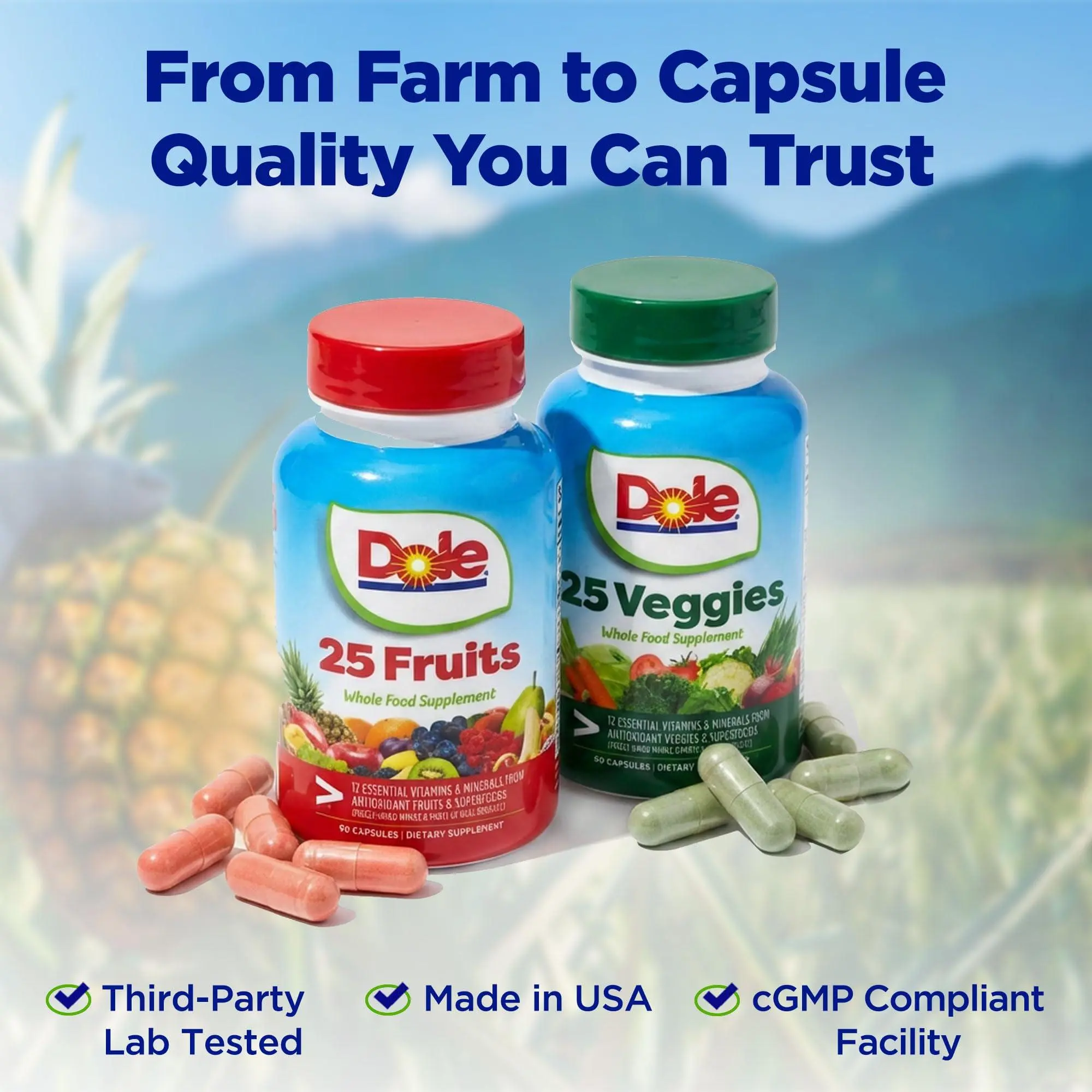 Dole Daily Fruits and Veggies Supplement - Whole Food Plant-Based Nutrition with 25 Fruits + 25 Vegetables, 12 Essential Vitamins & Minerals, Antioxidant Superfoods, 180 Capsules (2 Pack)