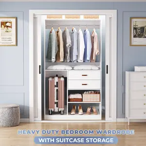 Aheaplus Freestanding Closet System with Suitcase Storage, 40 Inches Stand-alone Wardrobe with 2 Wood Drawers, 80'' Height Adjustable Cloth Garment Rack, Walk-in Closet with Hanging Rod