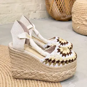LIA Two-Tone Wedge Sandals 12 cm with Crochet Detail and Espadrille Sole
