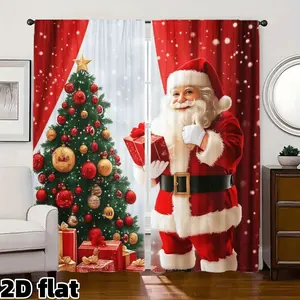 2D Flat 2Pcs Christmas Santa Tree Printed Curtains, Home Decoration Curtain, Festive Holiday Theme, Red Snowfall Background, Semi Sunshade Rod Pocket Design, Perfect for Living Room Bedroom Window Treatment, Christmas Party Home Decor, Privacy Protection