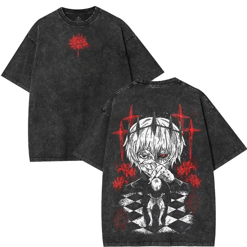 valentine shirts Tokyo Ghoul Ken Kaneki Red Eye King Flower Anime Acid Washed T-Shirt manga game movie graphic tee Menswear