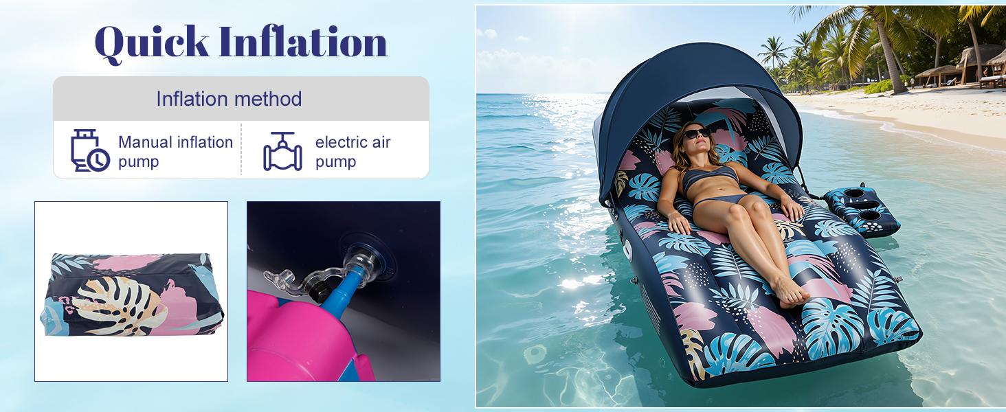 Pool Floats Lounger with UPF50+ Canopy Adjustable Inflatable Large Floating Chair Ergonomic Design with Cup Holders Perfect for Swimming Pool Beach Lake Party Dark Blue