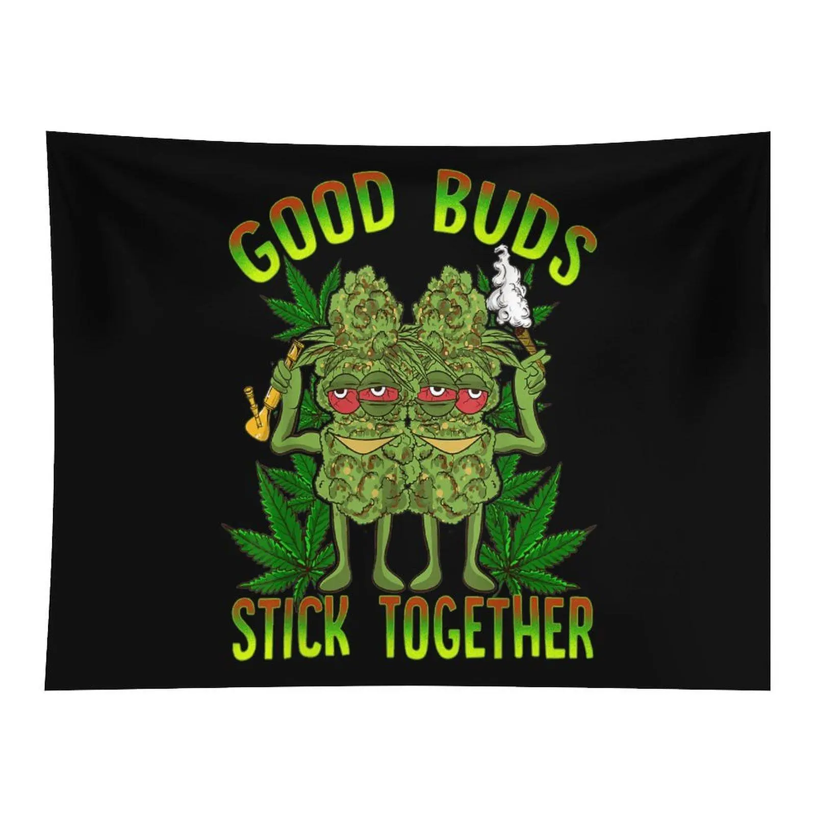 Good Buds Stick Together Cartoon Weed Bud Character Black Wall Tapestry Wall Hanging, Funny Stoner Cannabis 420 Humor Graphic Decor for Chill Lounge Bedroom Dorm Party Backdrop