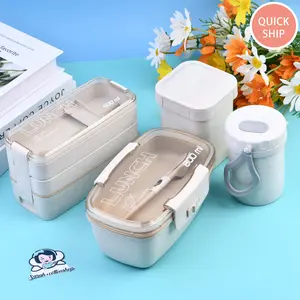 Wheat Straw Lunch Box Sets for Adult/ Kids, 900ml 3 Layer Bento Box, 300ml/550ml Soup Cup,Divided Lunch Containers Tableware, Valentine's Day Gifts