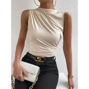 Fashion Casual Mock Neck Ruched Tank Top for Women Summer 2026 Solid Color Pleated Sleeveless Tee Shirt Tshirt Streetwear Y2K