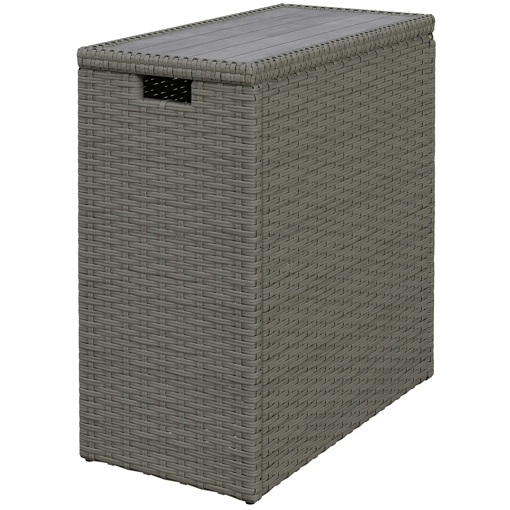Small Outdoor Storage Box Gray PE Rattan UV Resistant Powder Coated Steel Frame for Garden Tool Cushion Organization Acacia Wood Top Side Handle
