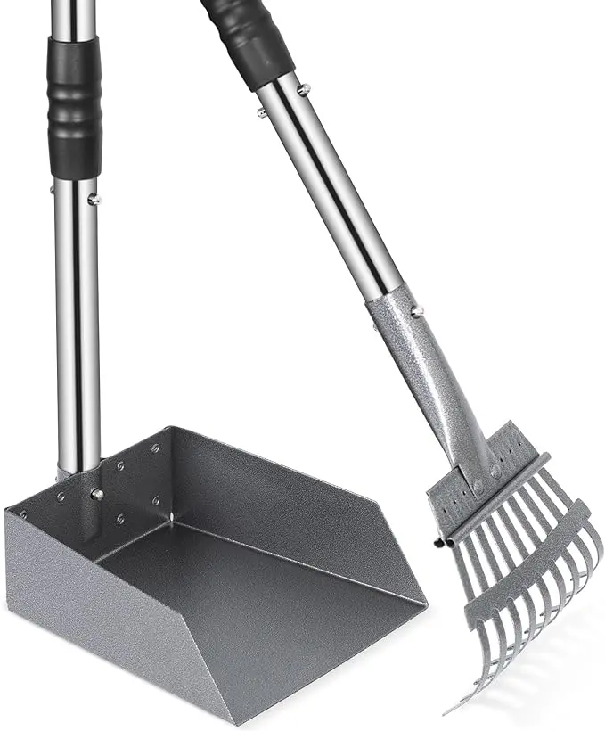 Dog Pooper Scooper Set for Large Dogs & Garden Use, Home Care Broom Tool with 9"x9.5" Extra Large Tray, 38" Adjustable Extended Reach Handle, Clip-On Structure, Durable Rust-Proof Metal & Aluminum, Easy Clean & Store, Waste Pickup for Garden Debris
