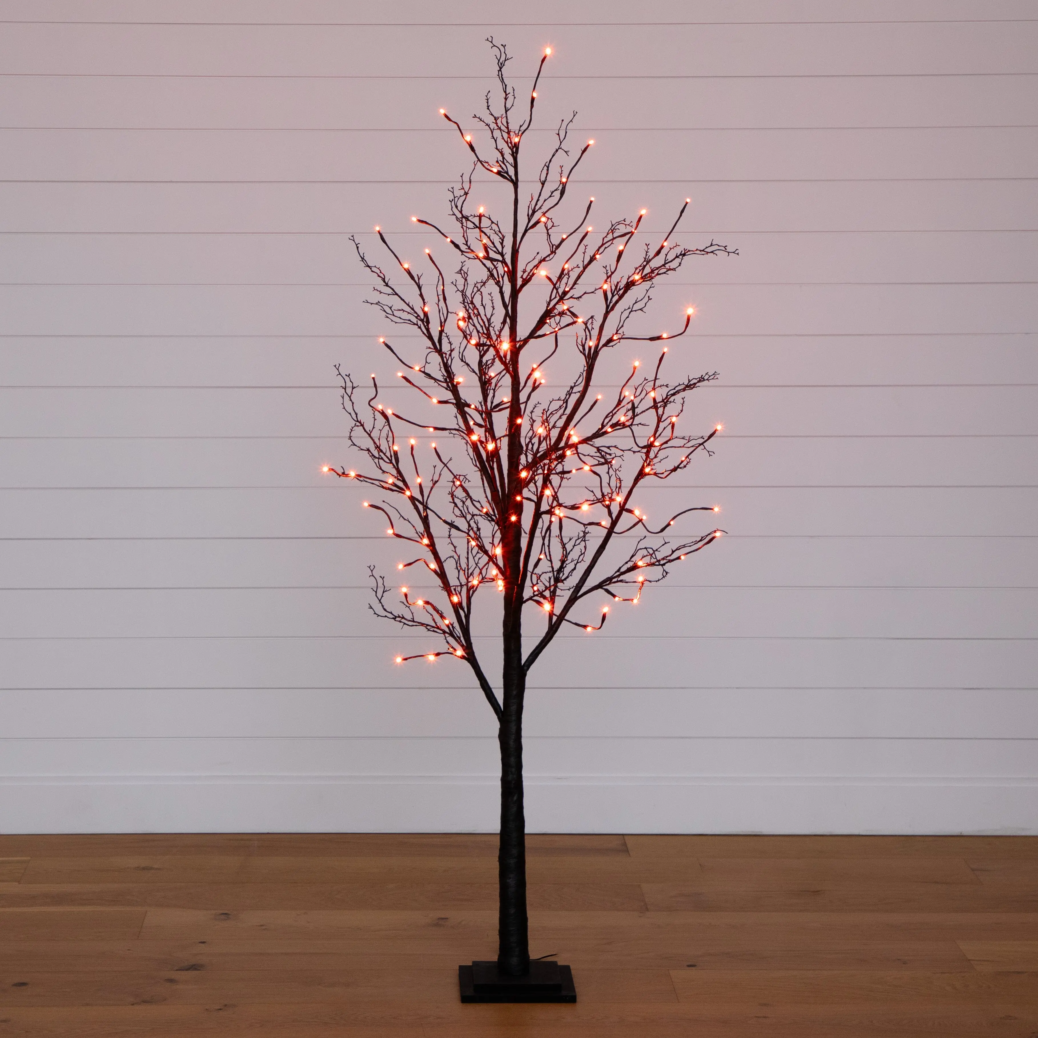 6' Standing Pre-Lit Spooky Scary Creepy Style Halloween Black Twig Artificial Tree, 300 Orange-Purple Customizable Decorative Lights, Festive Home & Party Decoration, Horror