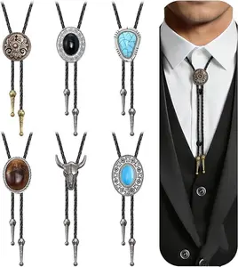 6pcs Bolo Tie Handmade Vintage Bolo Ties for Men Western Cowboy PU Leather Necktie with Stone Costume Accessories for Men Women Ideal for New Year & Daily Wear, Summer Vacation