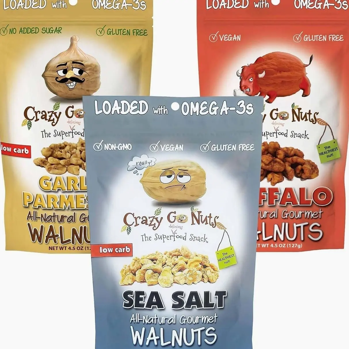 Crazy Go Nuts Savory Sampler Walnuts - Healthy Snacks, Gluten Free, Natural Superfood, Omega 3 Fatty Acids and Antioxidants, Plain with Sea Salt, Garlic Parmesan, and Buffalo - 4.5 oz, 3-Pack