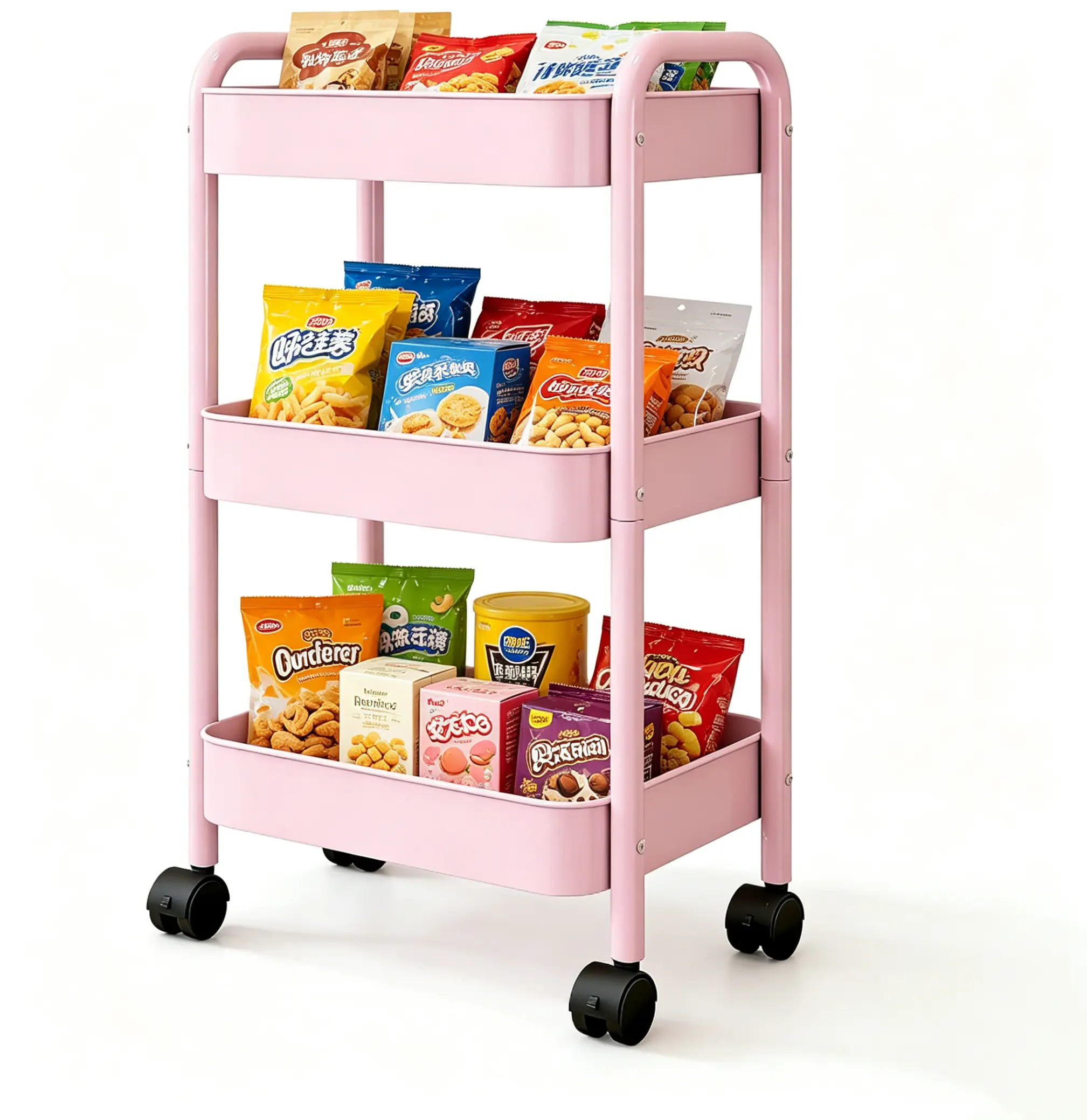 3-tier pink rolling storage cart with wheels, mobile utility organizer for kitchen, bathroom, bedroom, and office, multi-purpose metal shelving unit for makeup, toys, and household items, easy assembly and versatile storage rack