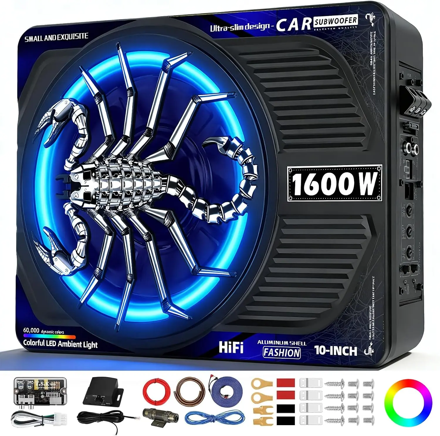 TANVSO 1600W Aluminum Slim Underseat Powered Car Subwoofer with Built-in Amplifier, Subsonic Deep Bass, RGB Beat Light, Low Pass/Gain/Bass Boost Control for Sedan, RV, Van, Pickup, Truck, SUV Audio Systems