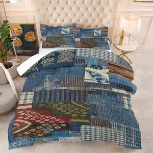 Patchwork Denim Print Quilt Set, Includes 1 Blanket and 1 or 2 Pillowcases Without Pillows, Soft Bedroom Decor for Teens and Adults