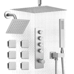 Shower Faucet Set, 16 Inch Thermostatic Ceiling Mount Rainfall Shower System with 6 Inch Wall Mount Head, 6 Body Jets and Handheld Spray, Dual Rain Head Brass Valve and Trim Kit, Brushed Nickel Finish