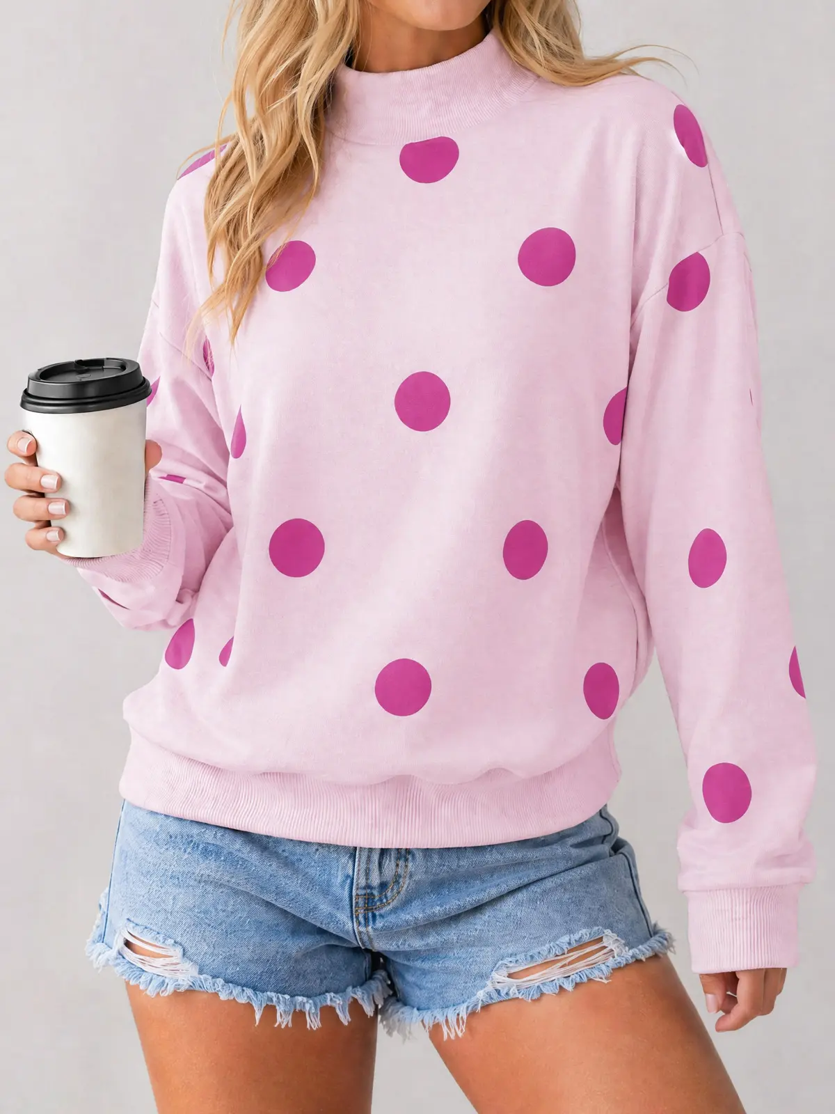 Fisoew Women's Polka Dot Mock Neck Sweatshirt, Long Sleeve Casual Pullover, Loose Fit Loungewear Top for Fall & Winter