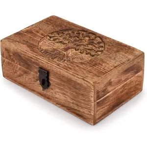 Handmade Mango Wood Tree of Life Engraving Beautifully Keepsake Box Jewellery Organiser Unique Gift Ideas for Men & Women (Flame Work Finish)