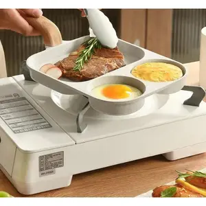 pan- Breakfast Frying Divided Grill Pan with Handle, 9.25" Omelette Pan Compatible with All Stovetops, beige Cookware Egg