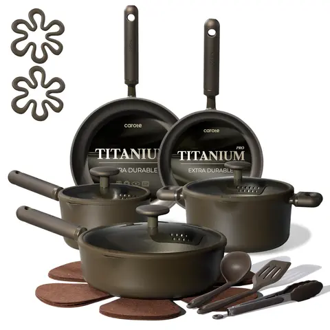 CAROTE Official 17pcs Titanium Nonstick Aluminum Cookware Set - Saucepan, Frying Pan, 5.5qt Stockpot with Lid, Chip-Resistant, Metal Utensil Safe, Effortless Food Release, All Stovetops Compatible