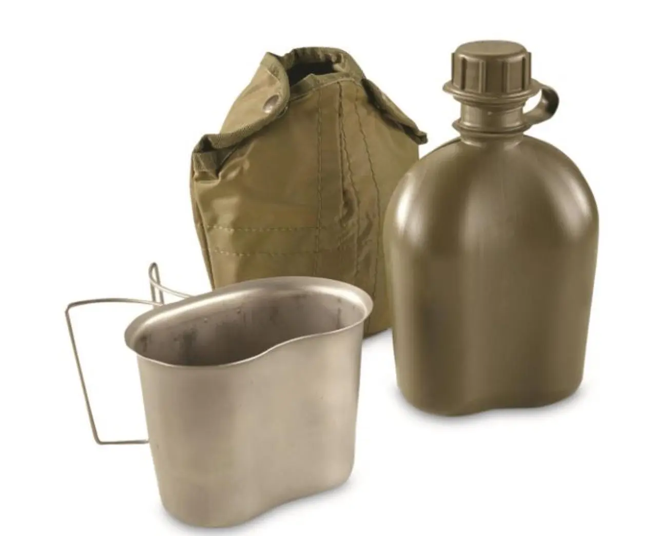 Austrian Army Style OD Canteen with Cup and Cover - Simple Design for Everyday Use - 5" x 4" x 3.5" Aluminum