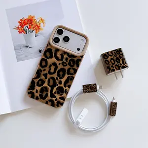 5 Piece Leopard Print Phone Case Set with Charger Head Cover, Cable Protector, Tpu Protective Case for iPhone 6/7/8/x Series, Perfect Gift for Couples and Teens