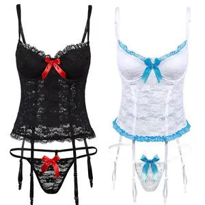 Women Sexy Lingerie Set Babydoll Lace Sleepwear Underwear and G-string with Garter Belts