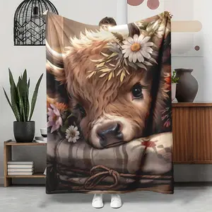 Highland Cow With Flowers Flannel Throw, Cute Calf Daisy Crown Soft Warm Blanket, Cozy Farmhouse Gift for Her Daughter, Couch Sofa Bed Cottagecore Decor, AC Summer Nap Blanket, Birthday Christmas Gift for Cow Animal Lovers