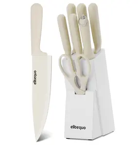 ELITEQUO 8-PCS Kitchen Knife Set With Block - Professional High Carbon Stainless Steel with Sharpening Rod & Kitchen Scissors