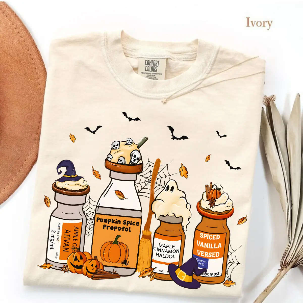 Comfort Colors Pumpkin Spice Propofol ICU Nurse Halloween T-Shirt, Spooky Medical Vials Graphic Tee, Funny Nurse Life Ativan Versed Haldol Halloween Shirt, Fall Medical Staff Unisex Top