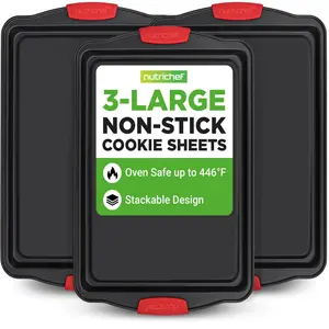 3-Piece Nonstick Cookie Sheets | Stackable Non-Stick Carbon Steel Tray with Red Handles - Oven Safe Bakeware - Ideal for Home Baking, Food Prep & Serving - Kitchen Essentials