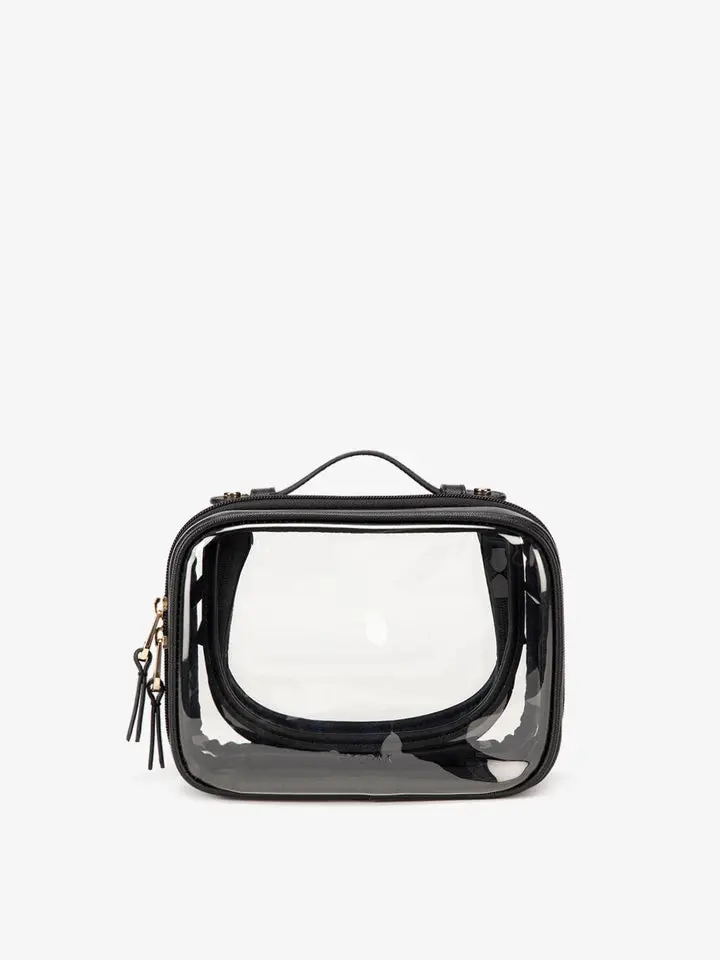 Calpak Small Clear Cosmetics Case with Dual Zippered Compartments Water-Resistant Lining Compact Travel Size 8.25x6x4 Ideal for Makeup & Toiletries