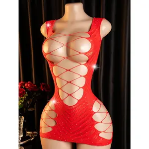 Gypsophila Hot Diamond Mesh Clothes Sexy Lingerie with Open Crotch Bodysuits Knit Womenswear Fabric Solid 【Red】 Fishnetsuit Crop Top