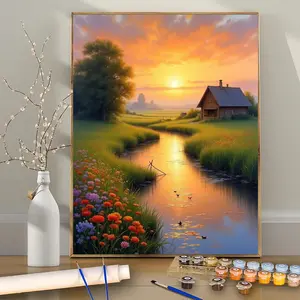 Paint by Numbers Kit for Adults Beginners, 1PC Colorful Sunset River Landscape DIY Acrylic Painting, 24color Frameless Digital Oil Painting, Perfect for Home Decoration, Birthday, Father's Day, Christmas, Halloween or Mother's Day Gift