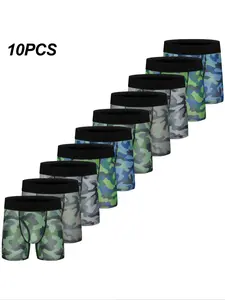 Boy's Colorblock & All Over Print Tape Waist Boxer Brief with Fly, Breathable Comfy Underwear for Daily Wear, Kids Underwear for All Seasons