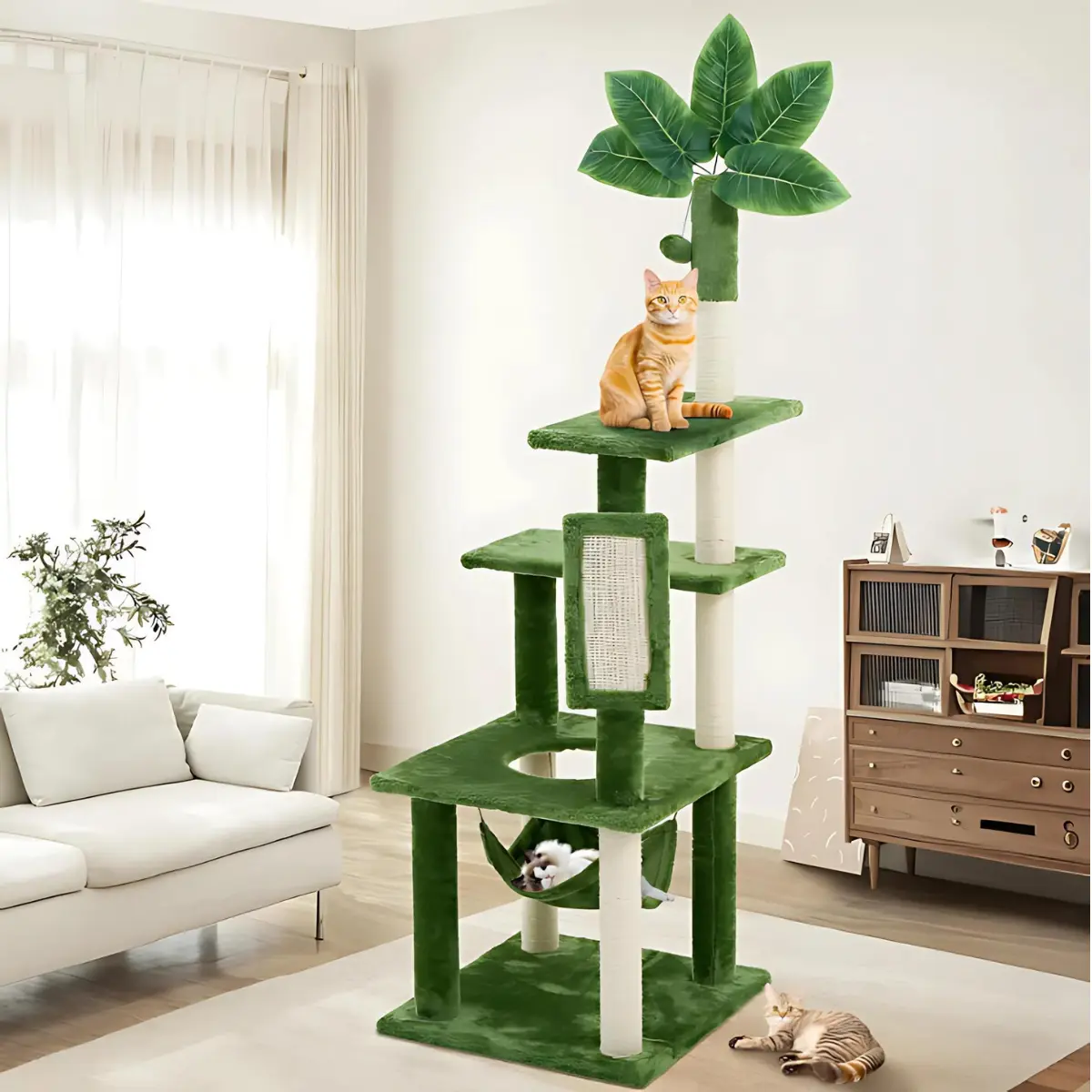 DIY Green Leaf Design Plush Cat House with Hammock - 61" Large Cat Tree Tower for Indoor Cats