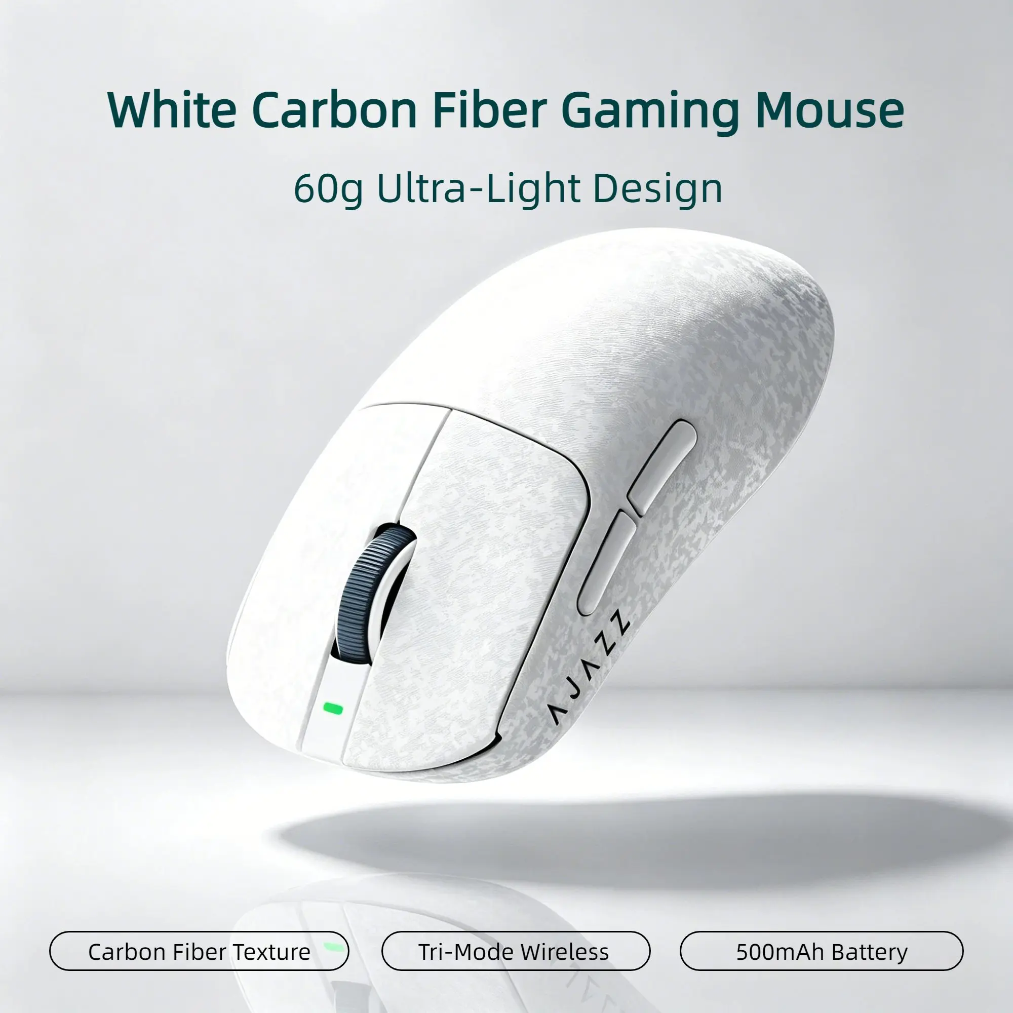 AJ199  Carbon Fiber Lightweight Wireless Gaming Mouse, PAW3311 Sensor, Up to 24000 DPI, Tri-Mode Connection, 500mAh Rechargeable, 1KHz, for PC Mac Laptop Gaming & Work - White