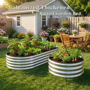 Galvanized metal planting box set for outdoor use; oval dimensions: 4 ft x 2 ft x 1 ft, 6 ft x 3 ft x 1 ft, 8 ft x 4 ft x 1 ft. Round sizes: 2×2×1, 3×3×1; a high garden bed designed specifically for vegetables, durable and easy to install.
