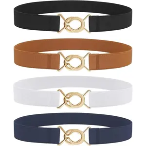 4Pcs Women Skinny Belt for Dresses Retro Stretch Waist Belt with Gold Buckle Set (Black+Brown+White+Blue-Gold) Fit waist size 29"-34" - Home Improvement.